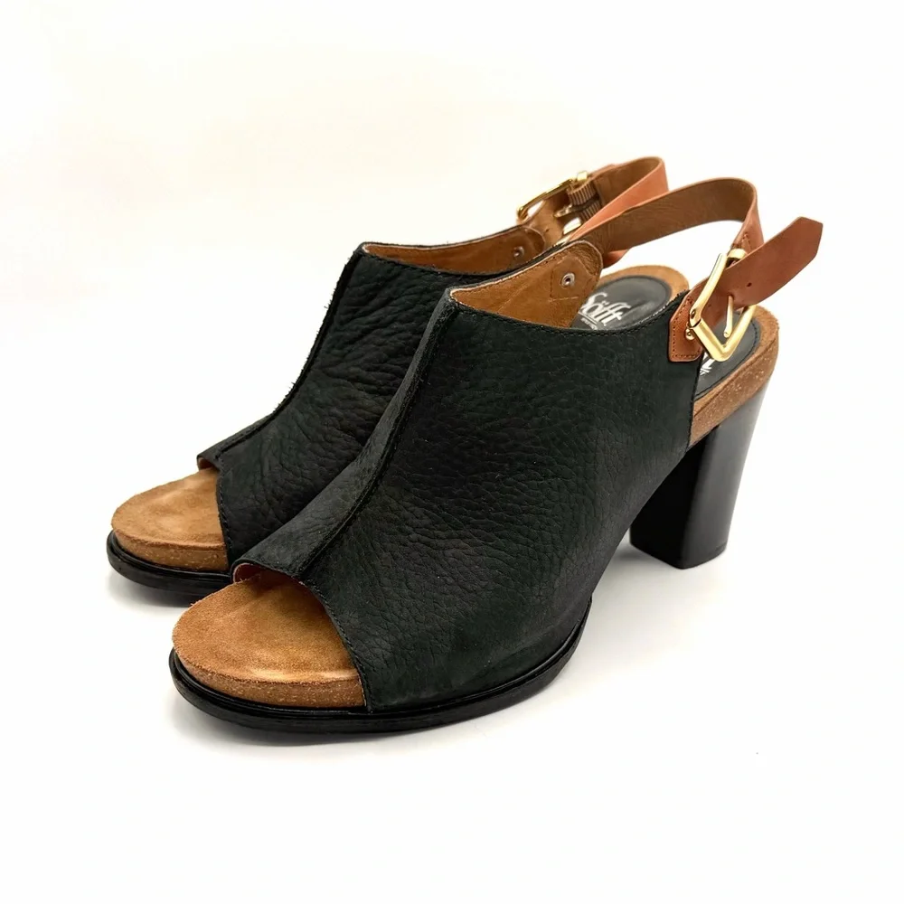 Söfft 11M Black Leather Block Heel Peep Toe Slingback Sandals - Picture 2 of 9